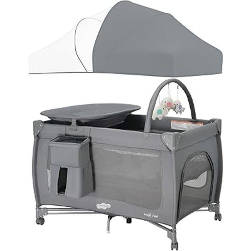 Pamo Babe Pack and Play 1-Second Setup 4-in-1 Portable Crib for Baby with Bassinet, Mosquito Net, Changing Table & Toy Arch