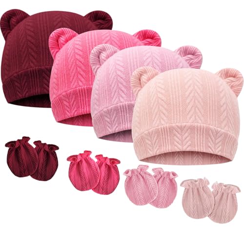 BQUBO Newborn Baby Hats Bear Ears and Mittens Sets Preemie Caps Baby Boy Girl Infant Hospital Beanie for 0-3 Months