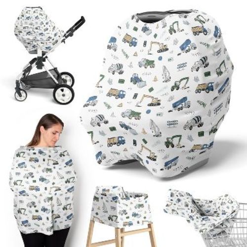 Sweet Jojo Designs Boy 5-in-1 Multi Use Baby Nursing Cover Construction Truck Green Blue and Grey