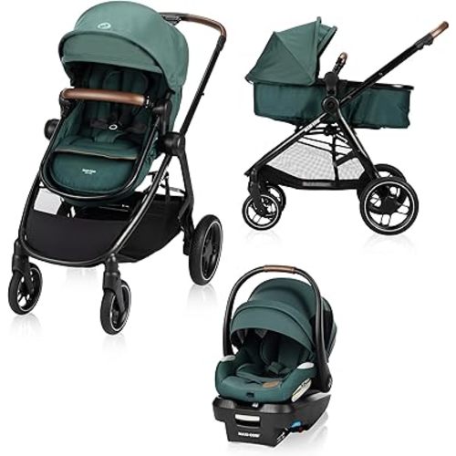 Maxi-Cosi New Generation Zelia Luxe 5-in-1 Modular Travel System, Carriage Mode, Reversible Toddler Seat, Mico Infant Car Seat (included), Enhanced All-Terrain Wheels, Use from Birth – Essential Green