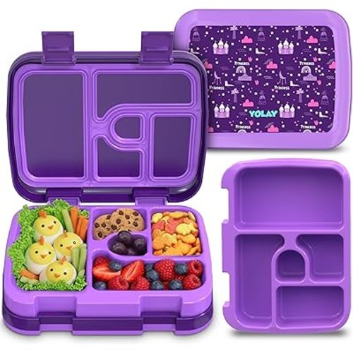 YOLAY Bento Box for Kids Lunch Box Leak-Proof, 5-Compartment Lunch Box Kids for Ages 3-10, Durable with Anti-Slip Base, Suitable for Schools, Outdoor and Travel (Mermaid) (Princess)