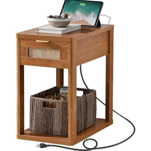 LEYAOYAO Narrow Side Table with Charging Station, 24'' Rattan Night Stand with Drawer Storage, Brown Bedside End Table with Metel Handle for Small Spaces, Wood Boho Nightstand for Living Room Bedroom