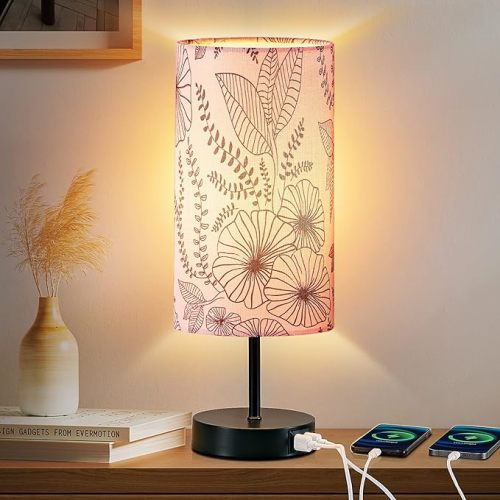 Touch Control Bedside Lamp with 2 USB Ports, 3-Way Dimmable Table lamp for Bedroom, Nightstand Lamp with Round Pink Flower Fabric Shade for Living Room Home Office (E26 LED Bulb Included)