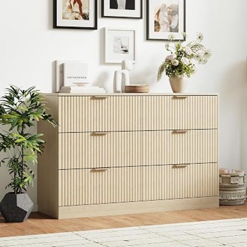 MALOL Modern Fluted 6 Drawer Dresser, Wide Wooden Storage Cabinet with Metal Handles, Silent Glide Drawers, Anti-Tip Chest for Bedroom, Living Room, Natural Wood, 47 Inch