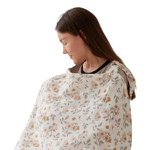 TILLYOU Muslin Nursing Cover for Baby Breastfeeding, 100% Cotton Breathable with Arch Neckline for Women, Yellow Flower