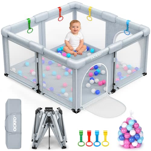 OCATO Baby Playpen: Foldable Playpen for Babies and Toddlers Large Play Pen Portable Playpen Fence Indoor Outdoor Kids Safety Area Travel Play Yard with 1 Storage Bag 4 Handlers 50 Balls (50" × 50")