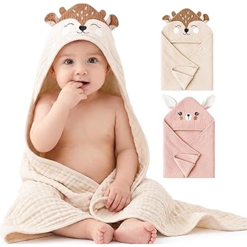 Konssy 2-Pack Muslin Baby Hooded Towels, 100% Cotton, Soft and Absorbent Baby Bath Towels for Newborn, Infant & Toddler with Animal Hooded Design(Bunny & Deer)
