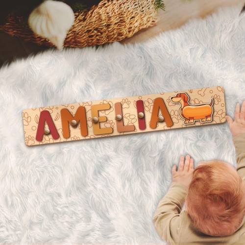 Custom Dachshund Wooden Name Puzzle Personalized Wiener Sausage Dog Wood Montessori Toy Baby Shower 1st Birthday Christmas Kid Boy Girl Gift