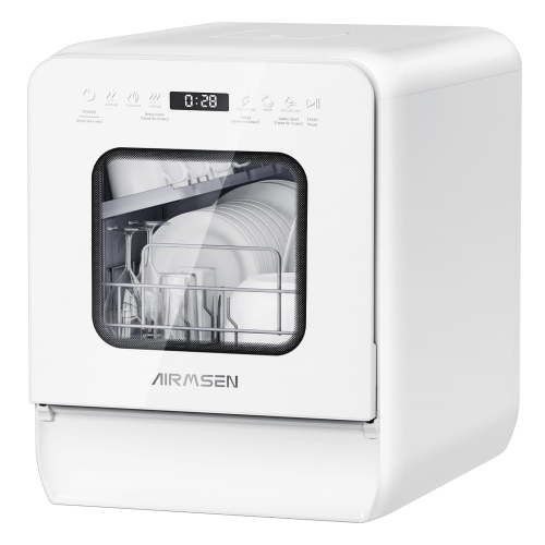 AIRMSEN Compact Portable Countertop Dishwasher, 9-Program, 5L Built-in Water Tank, Self-Cleaning, 24H Delay, Energy-Saving, White