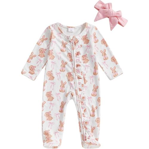 Newborn Baby Girl Easter Outfit Long Sleeve Bunny Bear Bow Print Frill Zipper Romper Jumpsuit Footies Spring Fall Clothes