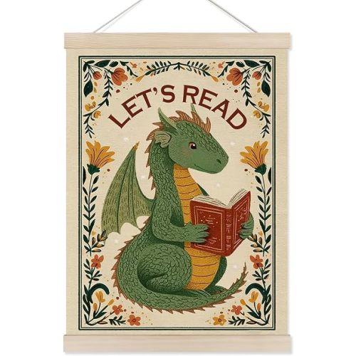 WPQTHIP Floral Dragon Reading Wall Art Poster, Let's Read Book Lover Dragon Canvas Prints Hanging Wall Decor for Kids Bedroom Reading Nook Corner Room Library Home, 12x16 Inches
