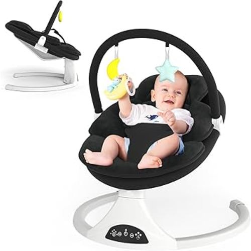 Electric Baby Swing with Remote Control - 5 Natural Motion Speeds, Detachable Seat Pad | Portable Infant Swing for Indoor/Outdoor Use (0-12M, 27lbs) (Black)