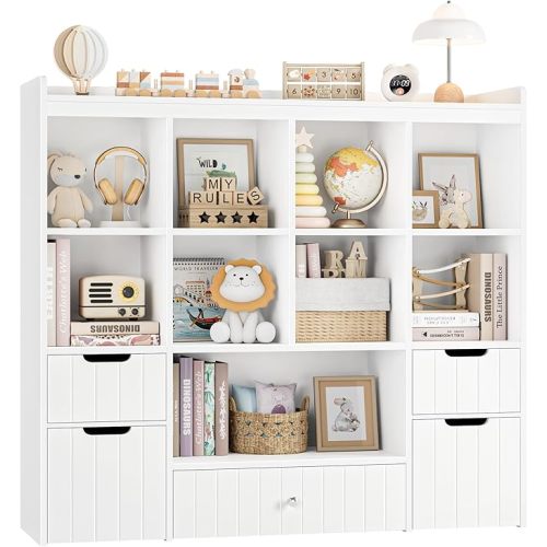 HORSTORS 48"W Kids Toy Storage Organizer, Large Toy Storage Chest with Removable Bins, 46"H Kids Bookshelf and Bookcase with Drawers for Boys and Girls, Modern Toy Box for Playroom, Classroom, White