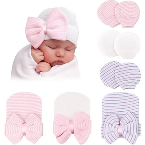 DRESHOW BQUBO Newborn Hospital Hat and Mittens Infant Baby Beanie Soft Cotton Cute Knot Nursery Cap for 0-3 Months Girls Boys