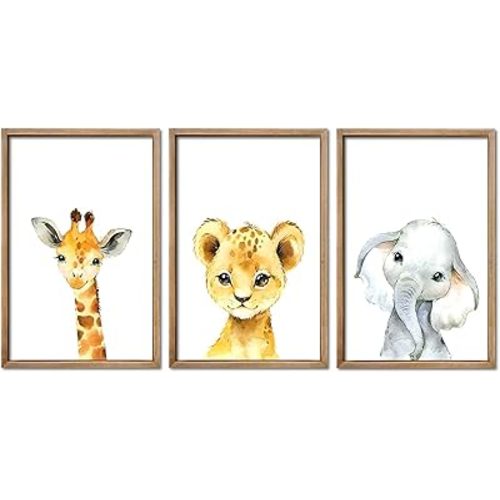 YWJKWLGS Baby Safari Nursery Wall Decor 16"x24" Set of 3 Cute Animal Giraffe Elephant Lion Prints Sign Wood Framed for Children's Room Wall Art (Wood)