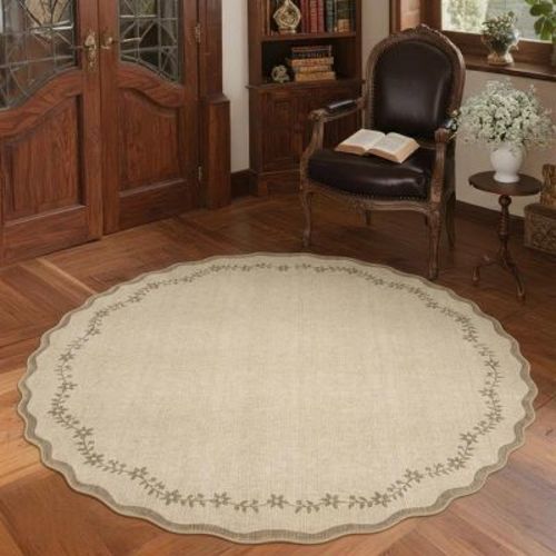 Garvee 4' Round Floral Bordered Area Rug, Soft Scalloped Rug, Washable Non Slip Low Pile Indoor Carpet for Living Room Bedroom