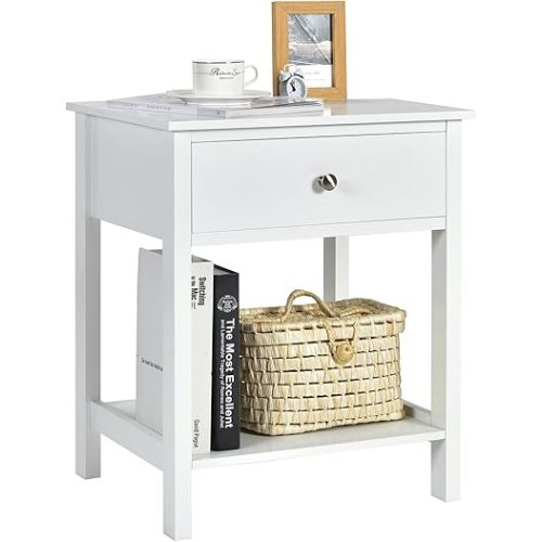 Giantex Nightstand, Wood End Table with Drawer and Open Shelf, Night Stand for Small Spaces, 2-Tier Bedside Table for Living Room Bedroom Dorm, Easy Assembly, White