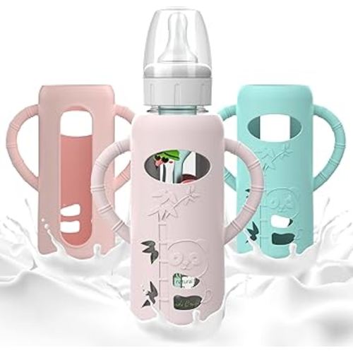 3 PCS Dr Brown Glass Bottles Silicone Sleeves, Compatible with Dr Browns Glass Bottles 8 oz, Anti-Drop Dr Brown Baby Bottles Sleeves with Handles, Heat-Insulating and Easy to Clean