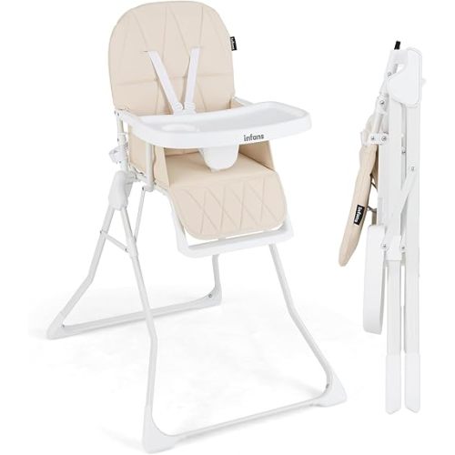 INFANS Baby High Chair, Quick Folding Portable Highchair for Babies and Toddlers with Adjustable Footrest Removable Dishwasher Tray PU Seat, Compact Highchairs for Baby Age 6-36 Months (Beige)