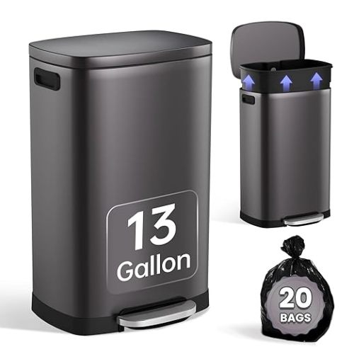 ELPHECO Kitchen Trash Can with Lid Soft Close, 13 Gallon / 50L Stainless Steel Pedal Garbage Can, Heavy-Duty Step Wastebasket with 20 Bags, Removable Bucket, Home Office, Titanium Black
