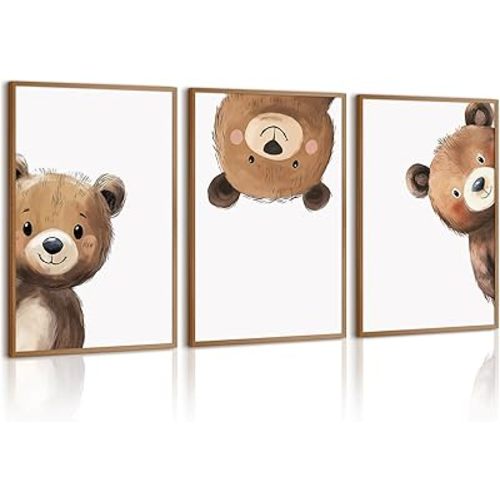 Bear Nursery Wall Art Decor Kids Canvas Poster Baby Boy Nursery Wall Decor Woodland Animal Pictures Teddy Peeking Bear Prints Cute Brown Painting Neutral Artwork Bedroom 12x16 Inch Unframed Set of 3