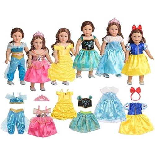 18 Inch Doll Clothes 6 Sets Princess Dresses Accessories Costume Jasmine Aurora Belle Snow White for 18 Inch Dolls