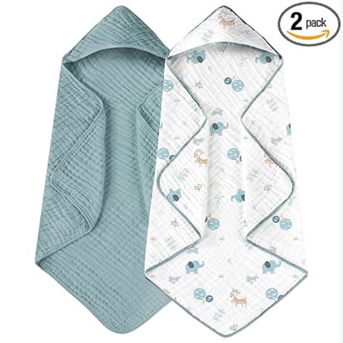 Yoofoss Hooded Baby Towels for Newborn 2 Pack 100% Muslin Organic Cotton Baby Bath Towel with Hood for Babies, Infant, Toddler and Kids, 32x32Inch, Soft and Absorbent Newborn Essential,Blue Elephant