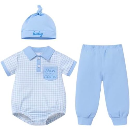 IBTOM CASTLE Newborn Infant Baby Clothes New to The Crew Outfit Short Sleeve Romper + Pants + Hat 3PCS Outfits Set