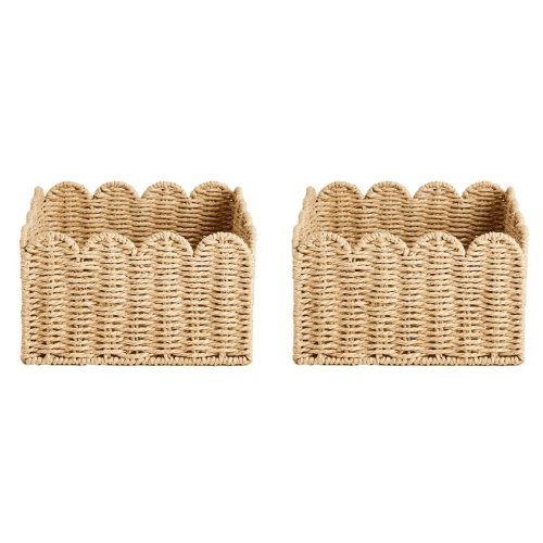 2X Scalloped Edge Basket, Wicker Storage Baskets,Handwoven Organizing Baskets for Shelves, Paper Rope Design,2 x Woven storage basket,As Shown