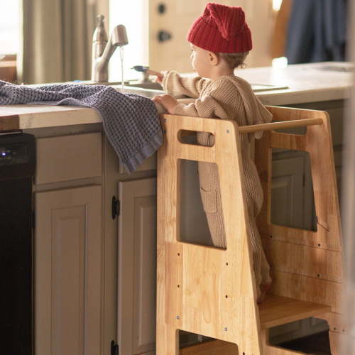 HARPPA Wooden Montessori Children's Kitchen Stool Helper, Adjustable Height, Safety Rail, Anti-Slip, Learning Chalkboard