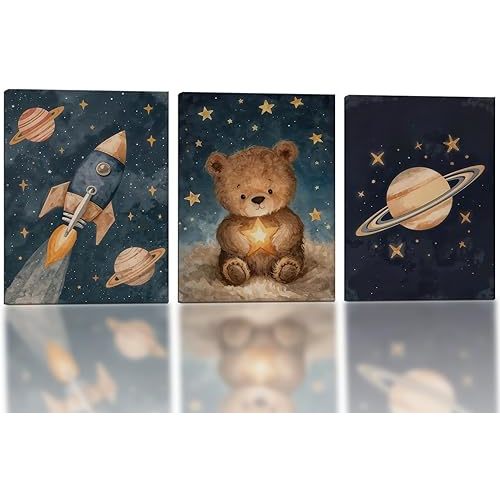 CHTEXA Space Nursery Wall Art Set Of 3 Framed Canvas Prints Outer Space Rocket Bear Planet Decor For Boys Room Kids Bedroom Playroom Toddler Room 12x16 Inch