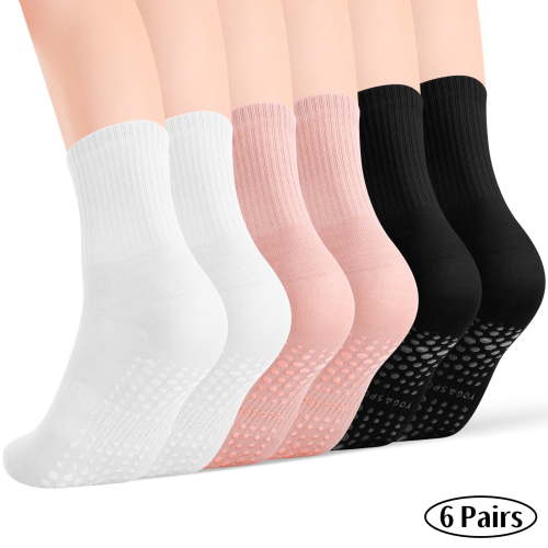 Bocaoying 6 Pairs Non Slip Pilates Yoga Socks for Women, Arch Support & Breathable Grip Socks, Pink White Black, Size 5-9