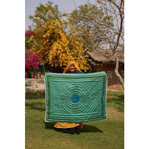 Personalized Baby Quilt, Hand Block Printed Kantha, Reversible Emerald & Indigo, Custom Name Blanket