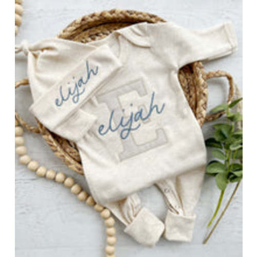 Personalized Baby Boy Outfit | Oatmeal Romper Light Blue Stripe Initia – Wonderfully Made