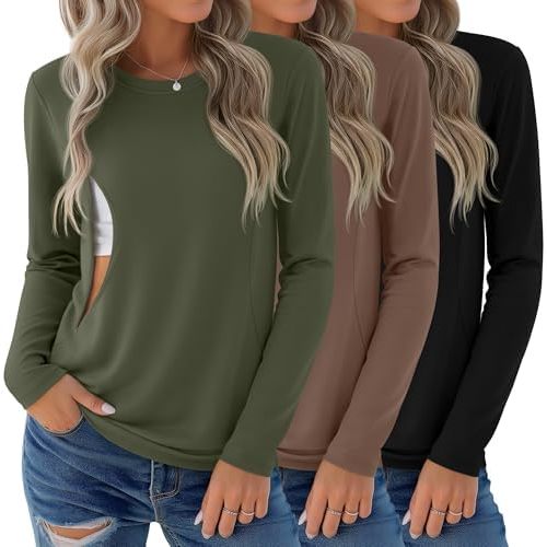 3 Pack Nursing Tops for Breastfeeding Maternity Shirts Zipper Long Sleeve Round Neck Knit Casual Nursing Clothes