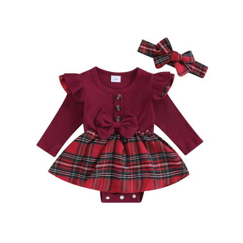 Lieserram Baby Toddler Girls Christmas Romper Dresses 0 3 6 12 18 Months Long Sleeve Ruffle Plaid Patchwork Jumpsuit with Headband