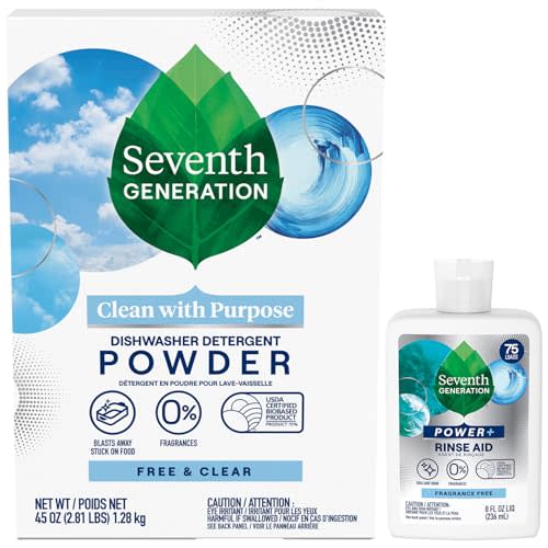 Seventh Generation Dishwasher Detergent Powder + Rinse Aid, Free & Clear | Dish Detergent + Power+ Rinse Aid | Biodegradable, Plant-Based & Chlorine-Free, Septic Safe Dishwashing Supplies