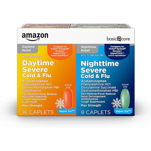 Amazon Basic Care Vapor Ice Daytime and Nighttime Severe Cold and Flu, Multi-Symptom Relief for Cough, Sore Throat, Nasal Congestion, Maximum Strength Coated Caplets, Combo Pack, 24 Count