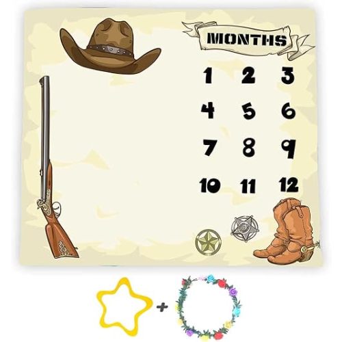 Monthly Milestone Blanket, 48x40in Soft Flannel, Cowboy Baby Blanket Gun Boots Hats Nursery Blanket for Newborn Mom Gifts, Baby Shower Age Growth Tracker with Bonus Maker