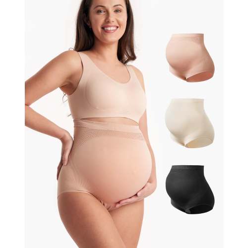 momcozy High Waist Pregnancy Seamless Soft Belly Support Panties - Black + almond + oyster Pink-3pk / 2XL