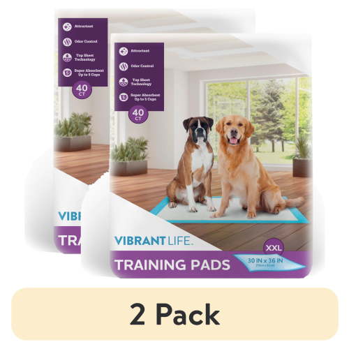 (2 pack) Vibrant Life Training Pads – Super Absorbent, Leak Proof, & Fast Dry Dog and Puppy Pee Pads – XXL 30 in x 36 in, 40 Count