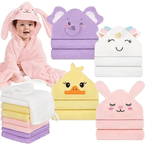 CandyHome 12 PCS Baby Bath Towels for Infants Toddlers, 4 PCS Animal Hooded Baby Towels & 8 PCS Washcloths Set, Ultra Absorbent Soft Cute Newborn Essential Gift for Boys & Girls