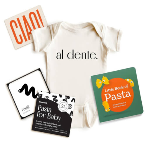 Pasta Baby Bundle Gender Neutral Unique Italian Foodie Newborn Essentials Book Bodysuit High Contrast Sensory Toys Personalized Postcard Keepsake