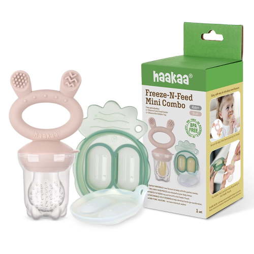 Haakaa Freeze-N-Feed Mini Combo with Silicone Food Feeder & Silicone Mini Nibble Tray|Baby Solid Food Self Feeder|Breastmilk Popsicle Mold Storage & Feeder for Soothing Baby Gums 1 PK (Blush)