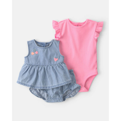 Baby Girl 3-Piece Cherry Chambray Sleeveless Top, Bodysuit & Short Set - Pink/Blue - Carter's | Carter's