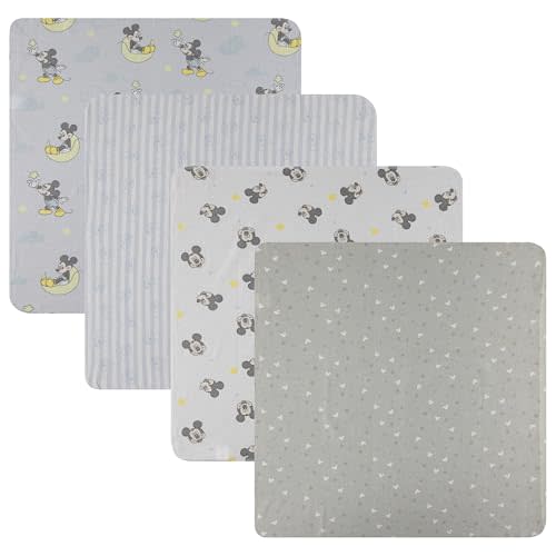 Disney Baby 4-Pack Receiving Blankets — 100% Cotton Flannel, 28" x 28" — Available in Mickey, Minnie, Pooh, Stitch or Angel — Soft Swaddle, Burp & Stroller Blankets — Gift-Ready with Ribbon Bow