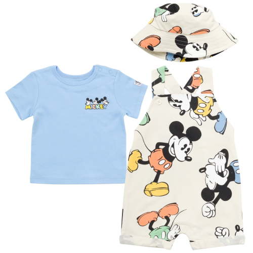 Disney Mickey Mouse Newborn Baby Boys French Terry Short Overalls T-Shirt and Hat 3 Piece Outfit Set Newborn to Infant