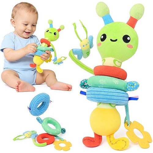 Baby Toy 0-12 Months - BPA-Free Soft Plush Sensory Toy with Gentle Squeaker, Safe Hand Grip & Teething Relief, Portable Newborn Toy for Diaper Bag, Baby Shower Gift (Green Caterpillar)