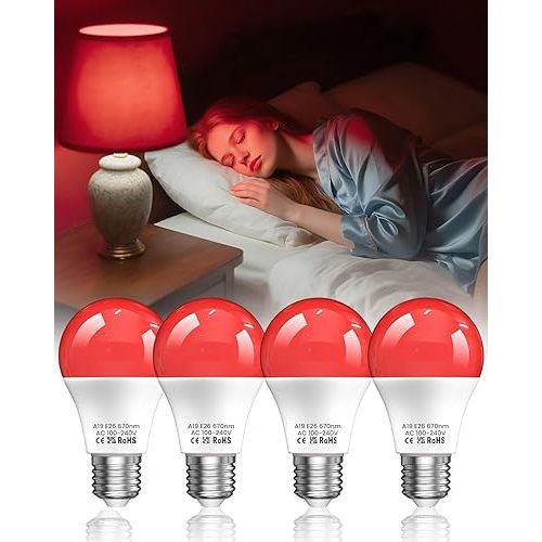 Lustaled 7W 670nm Red Light Bulb for Sleep, 100% Blue Light Blocking Red Night Light Bulbs for Melatonin Promote, A19 E26 50W Equivalent LED Red Bulb for Bedroom Lamp, Baby Nursery, Reading, 4-Pack