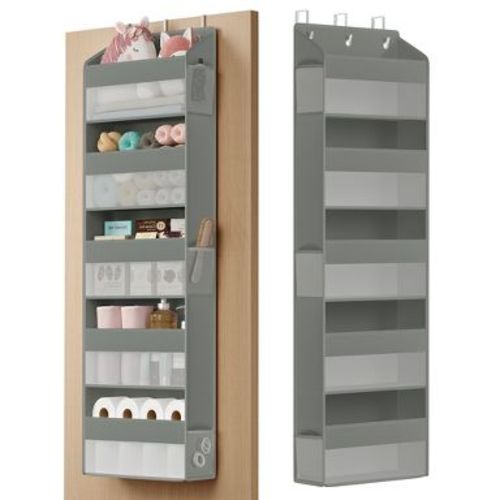 SONGMICS Over-the-Door Organizer, 5-Tier Door Hanging Storage Shelf, Heavy-Duty Closet Hanging Organizer Foldable, Transparent, Pockets, Dove Gray